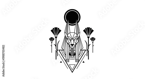 Anubis Egyptian God vector illustration with flowers and geometric shapes.