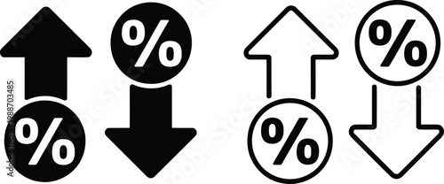 Interest rate fluctuation icons with up and down arrows and percentage sign for finance.