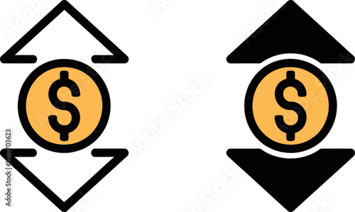 Money transaction and exchange rate icon set with dollar symbol and up down arrows.