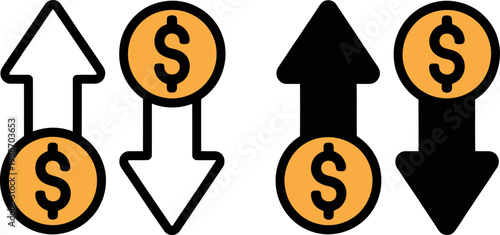 Money transactions and exchange rate icon set with dollar symbol and up down arrows.