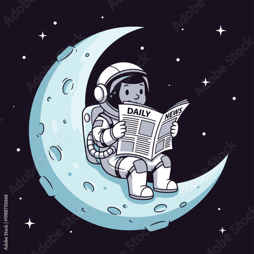 A cute cartoon astronaut in a white spacesuit sits on a blue crescent moon, calmly reading the Daily News in outer space.
