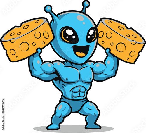 A muscular blue cartoon alien flexing its biceps while holding two large wedges of Swiss cheese.