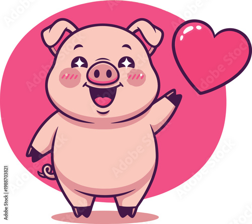A cute, chubby pink cartoon pig with blushing cheeks, waving happily next to a large pink love heart.