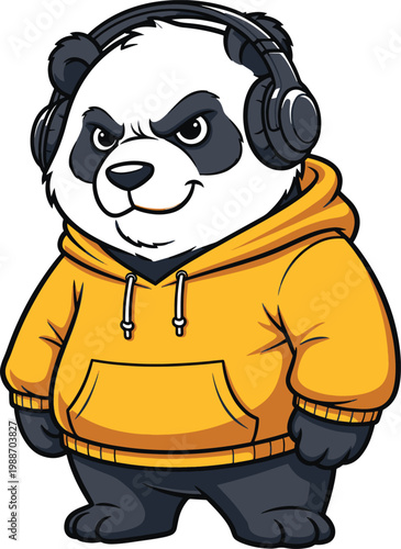 A cool cartoon panda with a confident smirk wearing a yellow hoodie and black headphones.