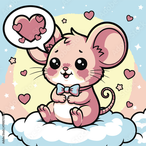 Adorable pink kawaii mouse with a blue bow tie and a love heart speech bubble.