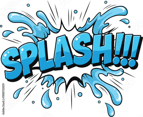 Blue comic book onomatopoeia SPLASH with dynamic water splashes and action lines.