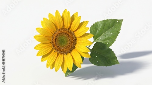 Beautiful sunflower with green leaves on white background