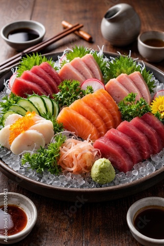 Frische Sashimi Auswahl auf Eis mit Lachs und Thunfisch
Edle Sashimi Platte mit Lachs, Thunfisch, hellem Fisch und Jakobsmuscheln auf Eis, dekoriert mit Gemüse und japanischen Beilagen.