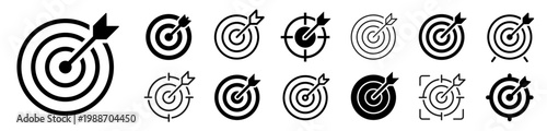 Target icon set. Goal, darts, aim, objective, target with arrow, bullseye, hitting symbol on white background - stock vector.