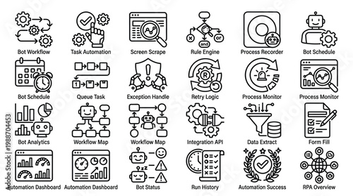 RPA icons including workflow, task automation, screen scrape, rule engine, recorder, schedule.