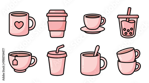 Cute Pink Beverage Cups and Mugs Collection Illustration