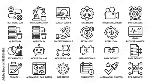 Automation and technology icons for robotic process automation on transparent background.