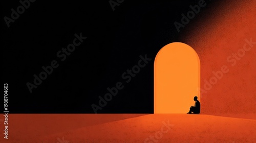 Silhouette person contemplating archway in orange light and black space concept