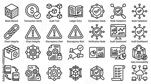 Blockchain and crypto icons for block record, transaction, audit, ledger, and consensus.