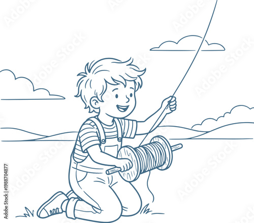 A boy is sitting on the ground holding a fishing rod
