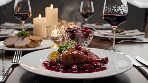 Elegant Dinner Table Setting With Roasted Duck Confit And Sliced Roast Beef And Wine Glasses