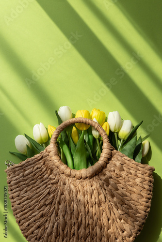 Mothers Day Straw Bag with Colorful Tulips on Green Background