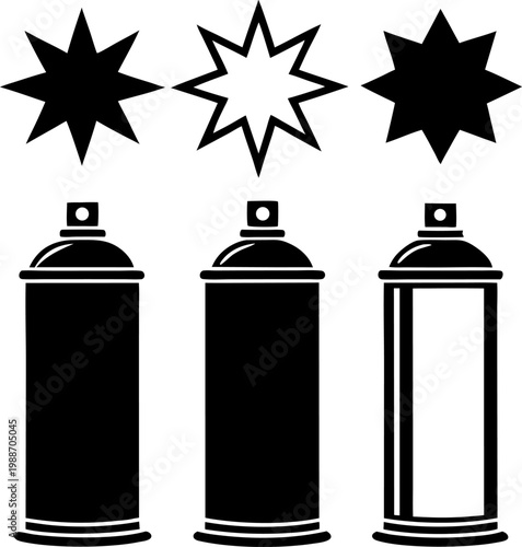 Three spray paint cans with different starburst labels depicted above them