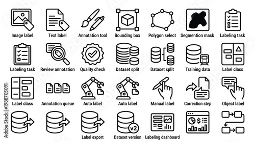 Outline icons for data labeling annotation and machine learning development.