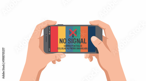 Hands Holding Smartphone Showing No Signal Connection Failed Message