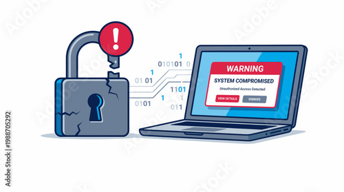 Cybersecurity Breach Warning on Laptop with Broken Padlock and Binary Code Flow