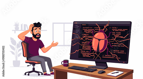 Programmer Stressed by Bug Found on Computer Screen with Error Messages
