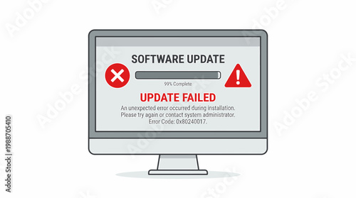 Computer Screen Shows Software Update Failed Error Message with Warning Icons