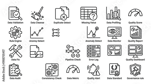 Data quality and governance icons for validation, cleansing and security.