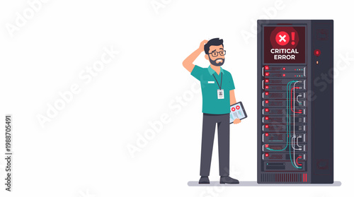 Confused It Professional with Tablet Facing Critical Error Server Rack