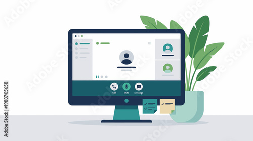 Video Call Application Interface on Desktop Monitor with Plant and Sticky Notes Illustrating Remote Work Productivity