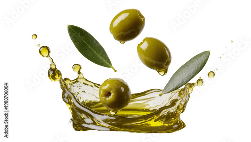 Green olives and leaves splashing into golden olive oil, isolated on transparent background
