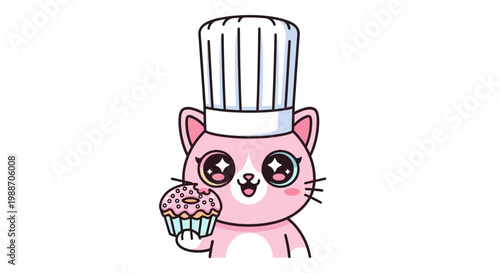 Pink Chef Cat with Cupcake: An adorable pink cat, donned in a chef's hat, presenting a delectable cupcake, radiating cuteness and culinary charm. 