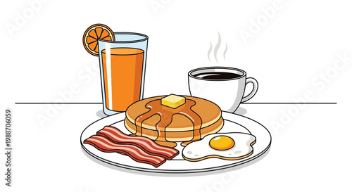 Morning Feast: Indulge in a classic breakfast spread, featuring fluffy pancakes drizzled with syrup, a side of crispy bacon, a perfectly cooked fried egg.
