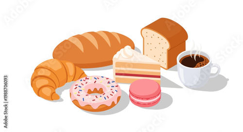 Sweet Temptations: A delicious arrangement of baked goods, including a golden croissant, fluffy bread, a glazed donut, a slice of cake, a delicate macaron, and a steaming cup of coffee.