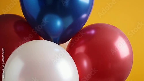Red White And Blue Balloons Grouped Together Against A Vibrant Yellow Background Isolated Studio Shot Close Up