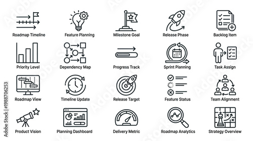 Product roadmap and planning icons for timelines, features, and strategic overview.