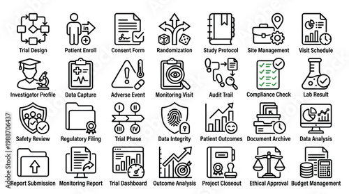 Clinical trial icons for medical research study process and patient management.