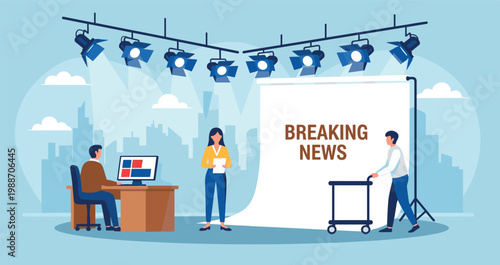 Media production crew working on live breaking news television broadcast studio set with city skyline vector illustration.