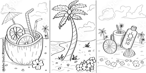   Summer beach coloring page set with tropical coconut cocktail palm tree and sunscreen bottle on a transparent background Summer beach coloring page set with tropical coconut co