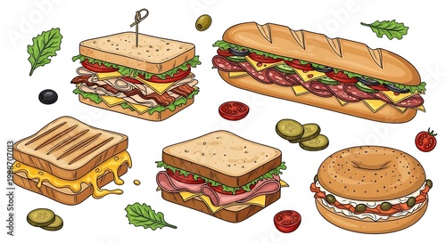 Assortment of delicious, fully-loaded sandwiches, subs, and a bagel with fresh ingredients