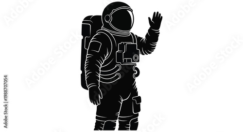 Astronaut waving detailed spacesuit design black and white graphic illustration silhouette