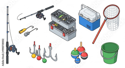 Collection of fishing equipment including rods reels tackle boxes net and bucket.
