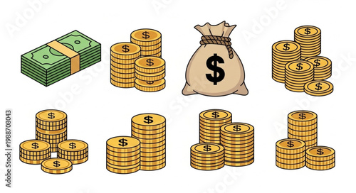 Collection of Money Symbols and Currency Illustrations.