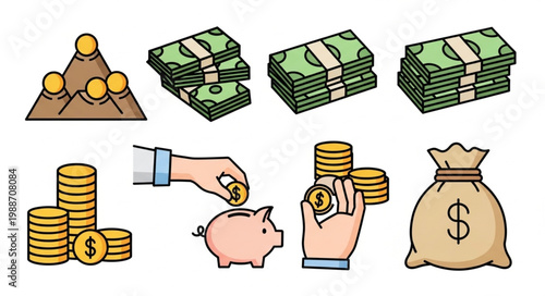Collection of various money related icons and illustrations representing finance and savings.