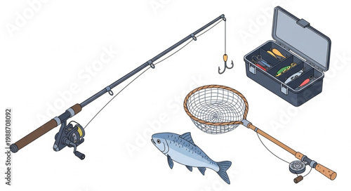 Complete fishing tackle set with rod reel net.