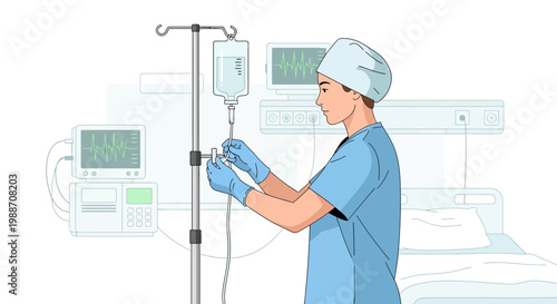 Nurse Adjusting IV Drip in Hospital Room with Medical Equipment