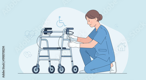 Nurse adjusting walker for elderly patient, healthcare and assistance concept