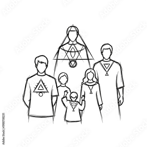 Family group with symbolic triangle emblem on clothing.