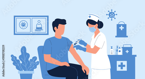 Nurse administering COVID-19 vaccine injection to patient in clinic, healthcare concept