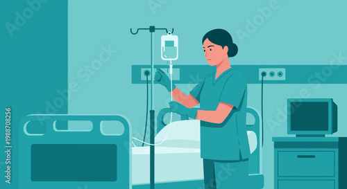 Nurse Administering IV Drip in Hospital Room